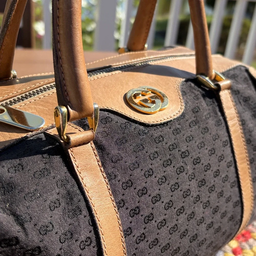 Vintage Gucci Micro GG Canvas Boston Bag Size 28 Black Tan Made in Italy - Picture 5 of 17